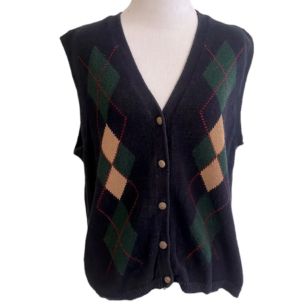 VINTAGE SAG HARBOR PETITE ARGYLE SWEATER VEST BLUE GREEN TAN RED SIZE LARGE